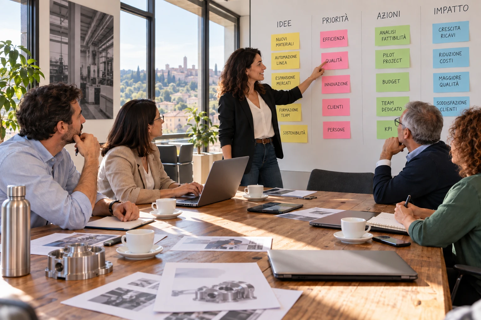 Un workshop con il team di un'azienda: una facilitatrice indica i post-it divisi per idee, priorità, azioni e impatto