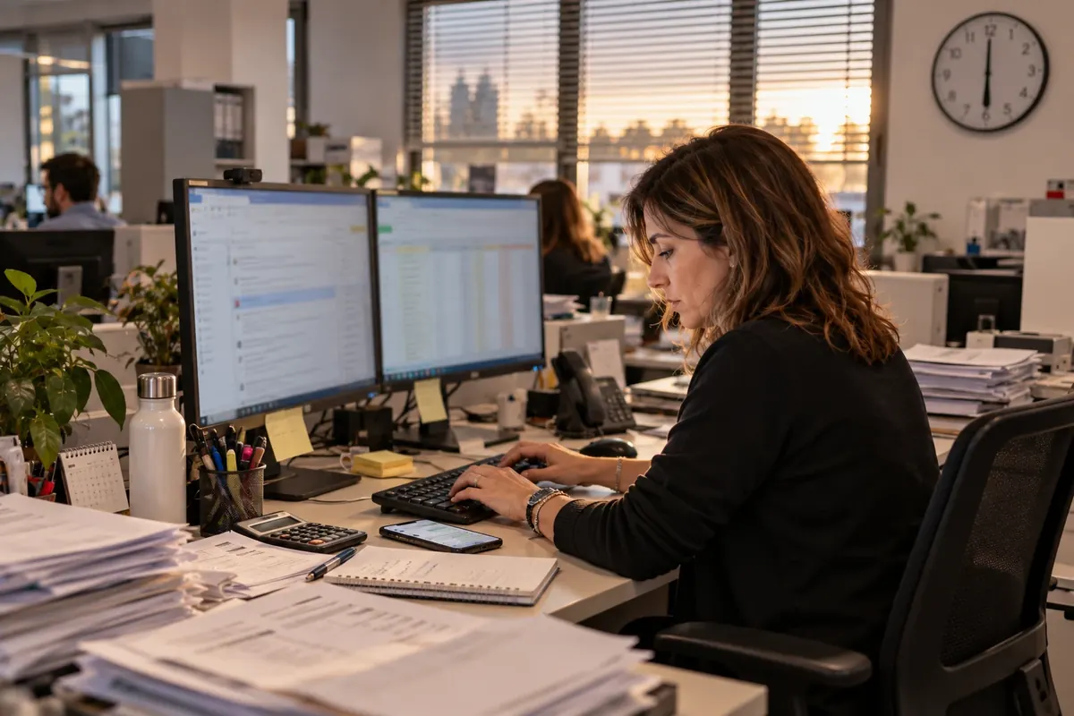 Un'operatrice di back office alle sei di sera, tra due monitor, il telefono e pile di ordini stampati