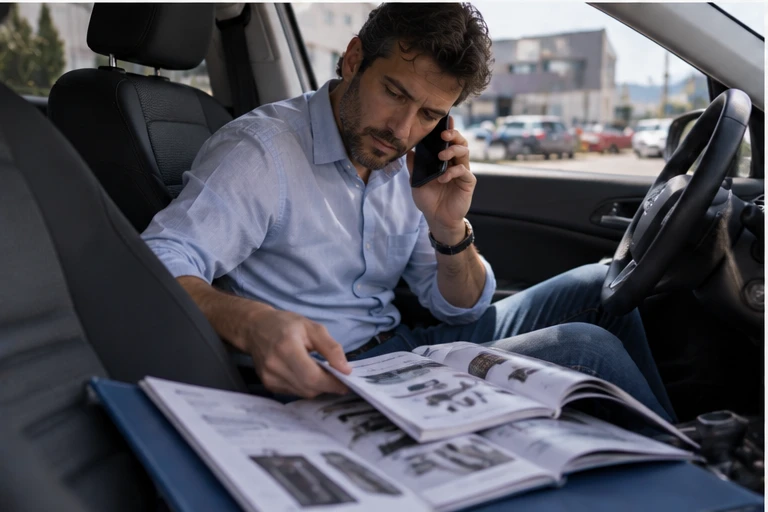 Un agente commerciale in auto, al telefono, con il catalogo aperto sulle ginocchia