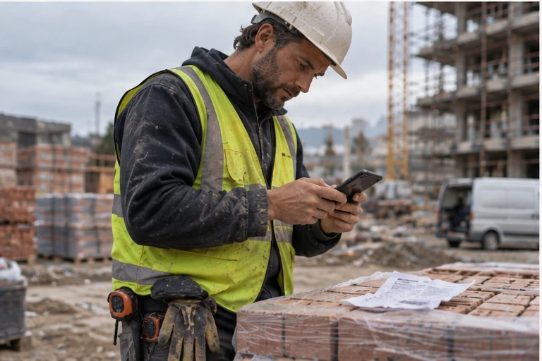Un operatore in cantiere che fotografa con lo smartphone un DDT appoggiato sui mattoni