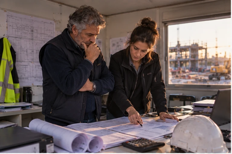 Titolare e project manager in un container di cantiere che confrontano preventivo e consuntivo